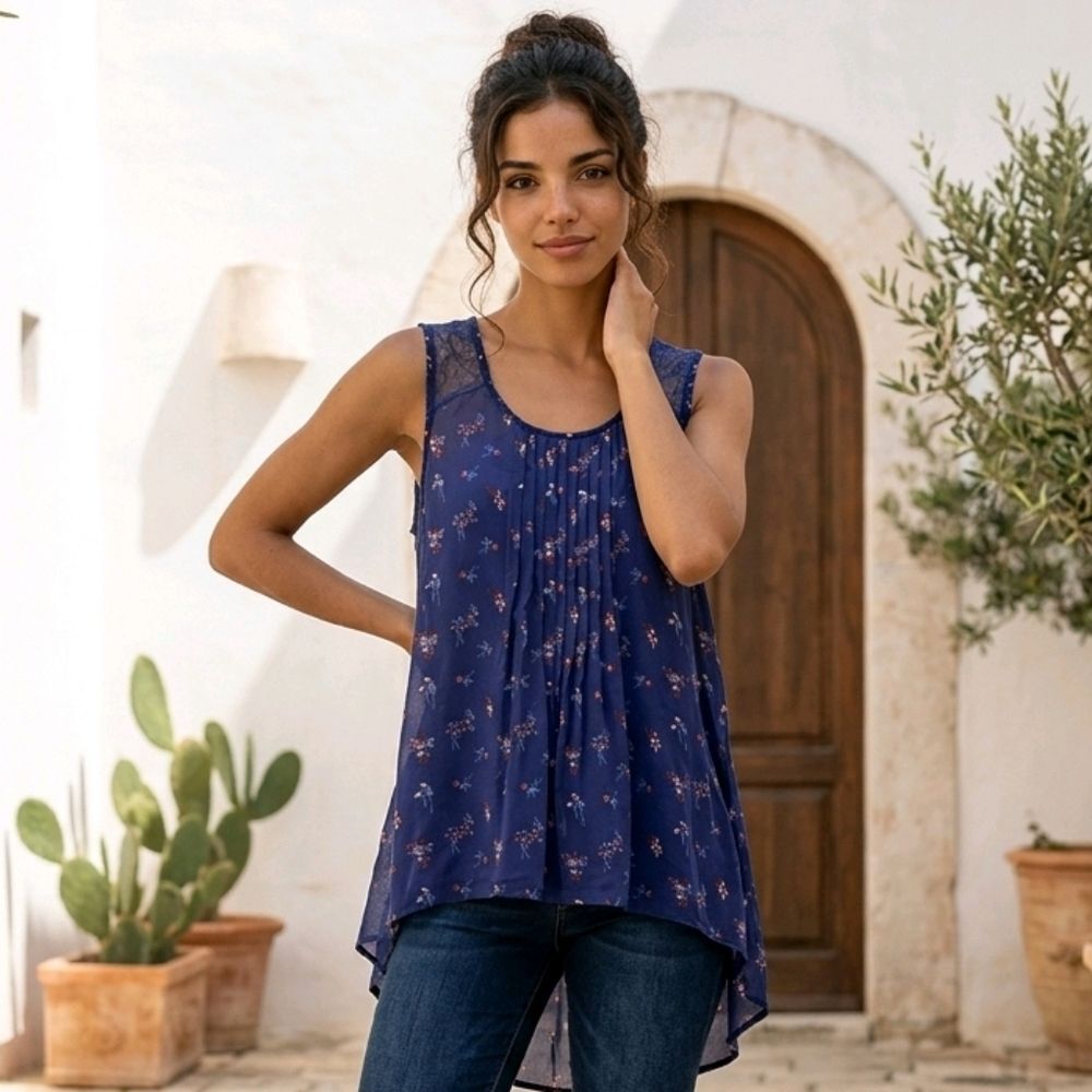Cruel Girl Blue Floral Pleated Tank Top Lace Back Western Cowgirl Blouse Flowy